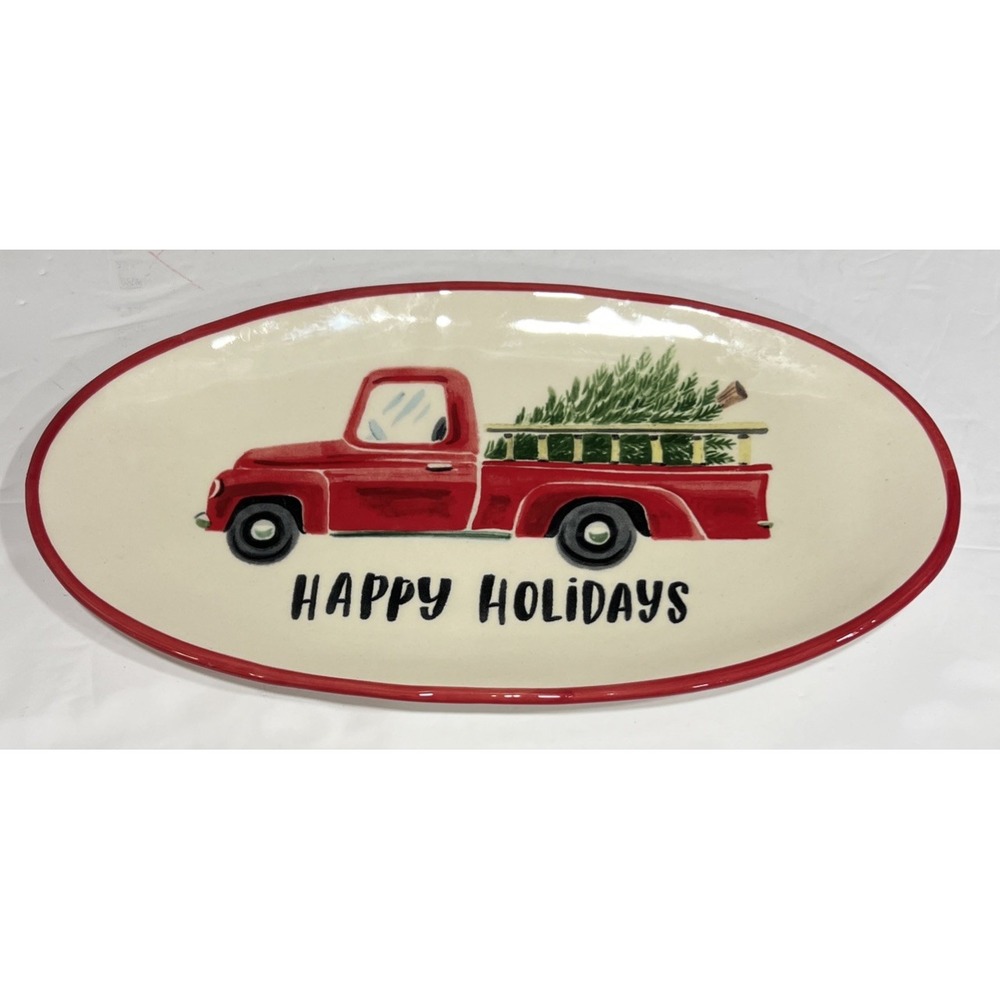 Angela Staehling Magenta Sketchbook Series‎ Red Truck Happy Holidays Oval Plate